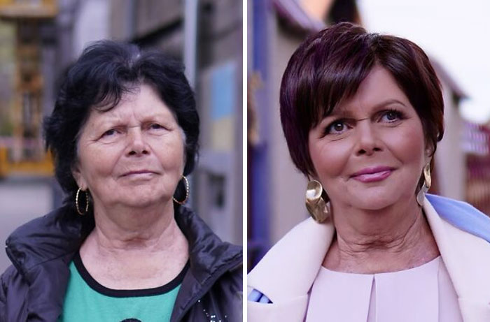 Transformación asombrosa de mujer mayor por estudio de maquillaje, mostrando resultados impresionantes antes y después.