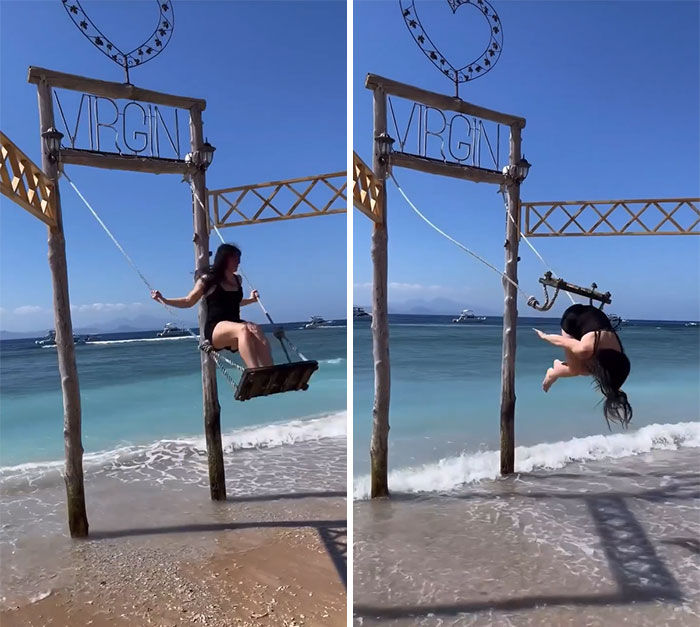 Influencer intentando columpio en la playa comete error cómico que provoca risas en todo el mundo.