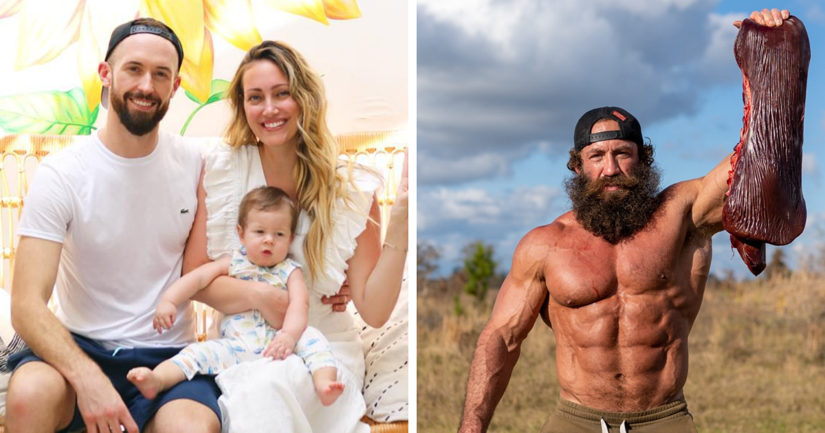 Pareja influencer con bebu00e9 en interiores y hombre musculoso con barba sosteniendo carne, ejemplos de influencers en escu00e1ndalos recientes.