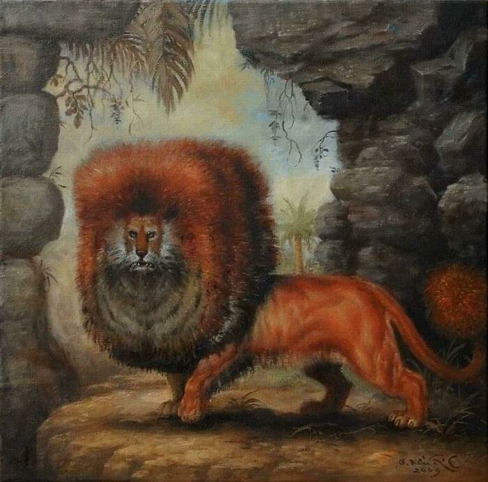 León medieval con melena exagerada en una cueva rocosa, imagen divertida estilo medieval de animales naturales.