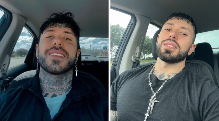 Hombre sonriendo en auto antes y después de la eliminación de tatuajes mostrando cambios visibles en su piel y rostro.