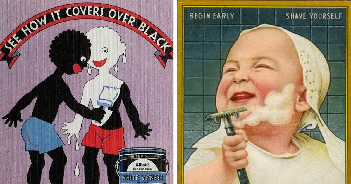 Anuncios vintage extrau00f1os mostrando normas culturales antiguas con ilustraciones y mensajes impactantes sobre la sociedad.
