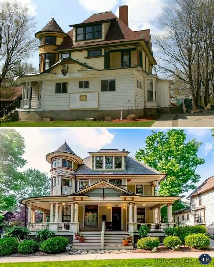 Casa histórica restaurada con detalles arquitectónicos originales y jardín bien cuidado en un entorno residencial.