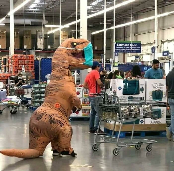 Persona disfrazada de dinosaurio con mascarilla en Walmart, una imagen divertida y confusa de People Of Walmart.