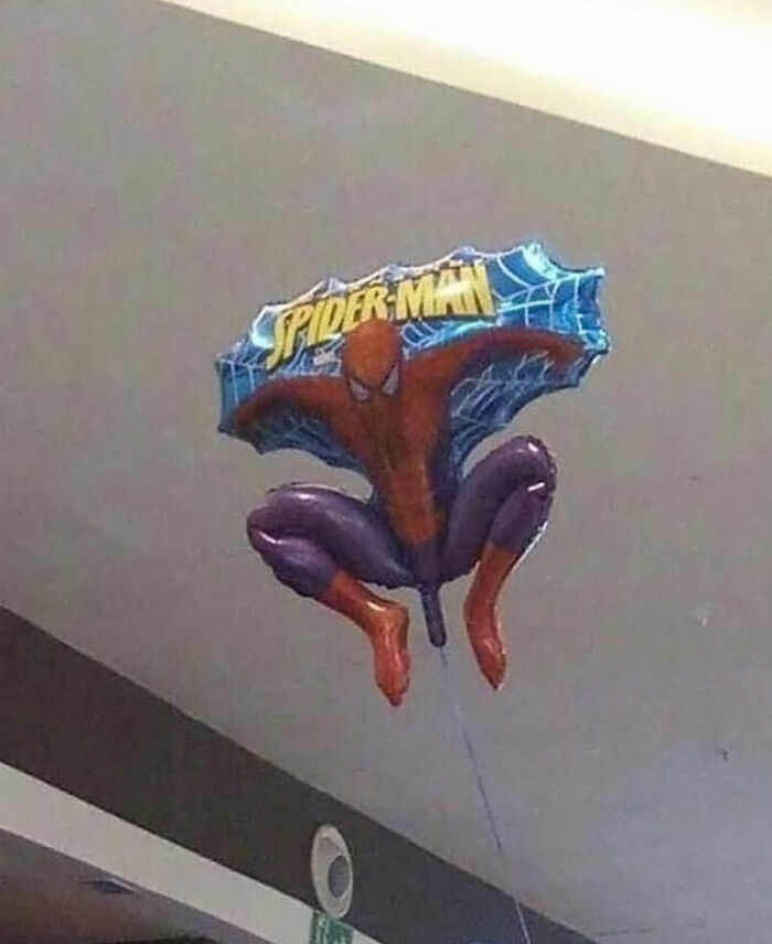 Globo de Spider-Man flotando en techo con postura accidentalmente cómica en imágenes de comedia accidental.