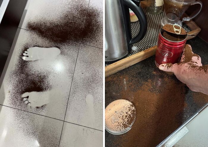 Manchas de café molido esparcidas con huellas en el suelo y en la encimera, una molestia leve pero molesta.
