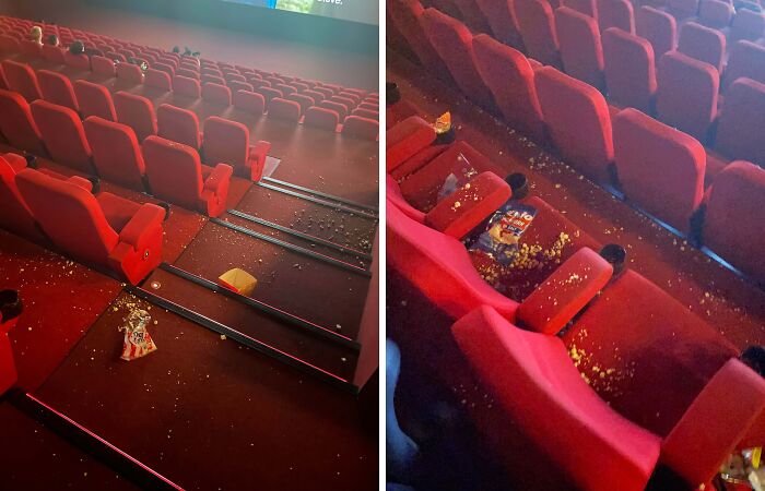 Desorden de palomitas tiradas en las butacas y pasillos de una sala de cine, una molestia leve pero muy irritante.