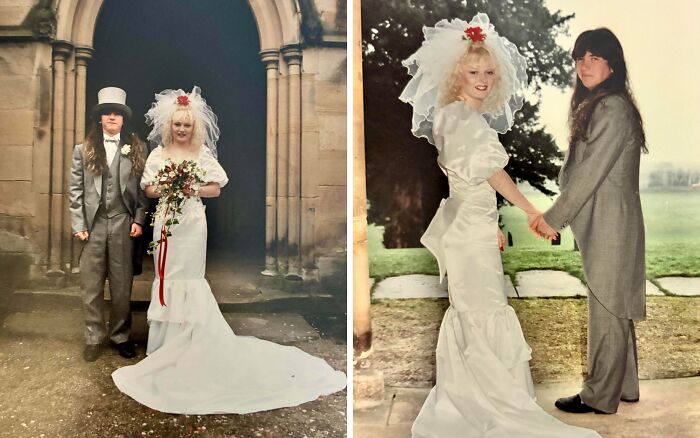 Pareja de boda con estilo y moda de los años 80 mostrando la moda salvaje y fascinante de la década de 1980.