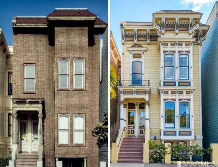 Casas históricas restauradas mostrando fachadas originales antes y después con detalles arquitectónicos tradicionales.