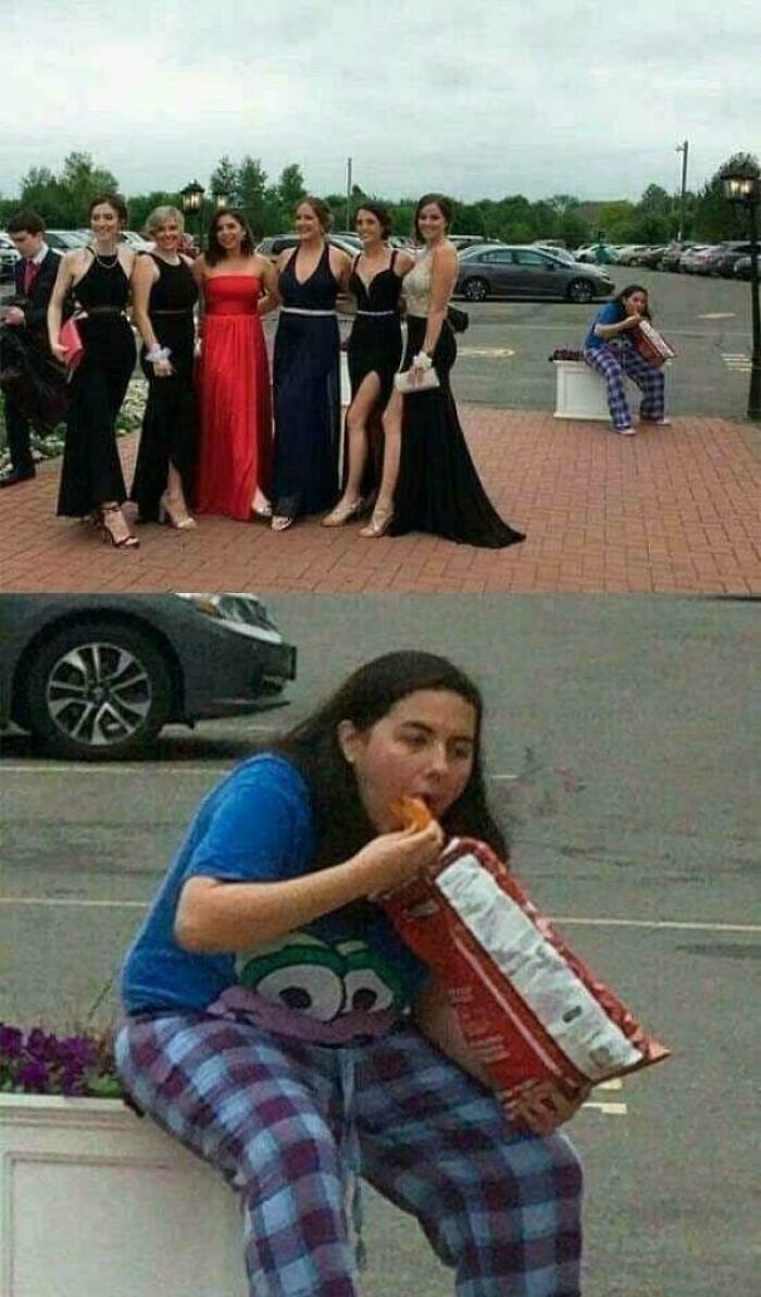 Grupo en línea dedicado a fotos divertidas que impactan, muestra mujeres vestidas elegantemente y una persona comiendo botana.