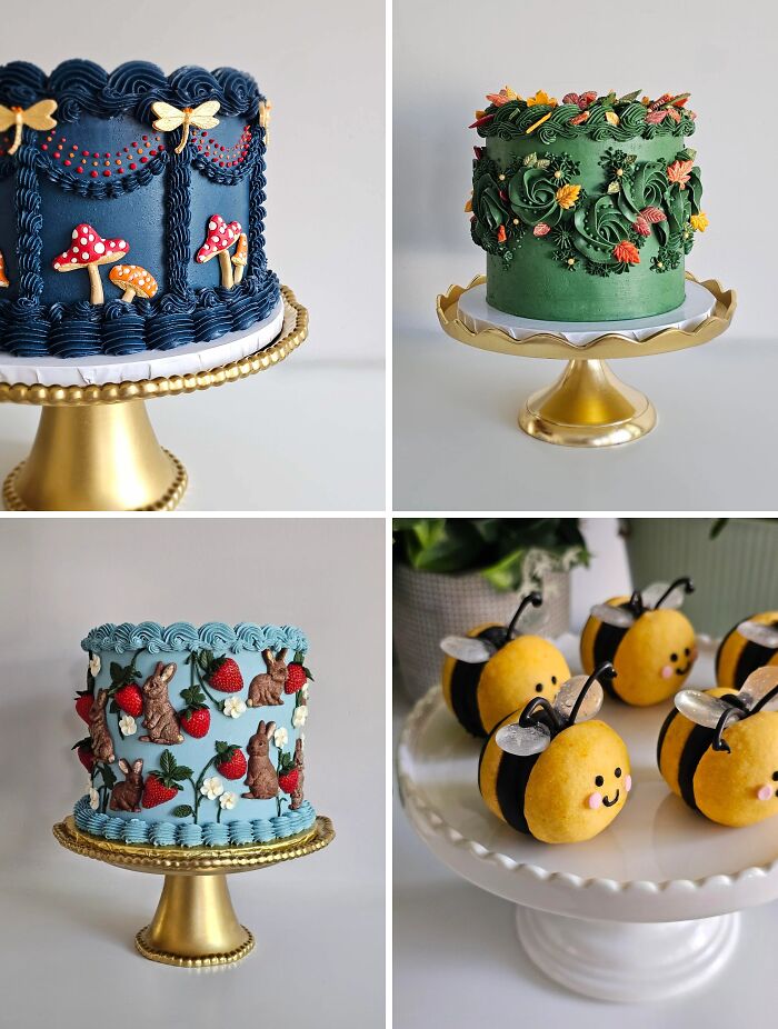 Tartas y postres decorados con motivos cottagecore, incluyendo setas, flores, conejos y abejas en estilo campestre.