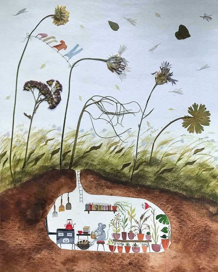 Ilustración de un hogar subterráneo con plantas y ratón, representando sueños cottagecore en un entorno natural.