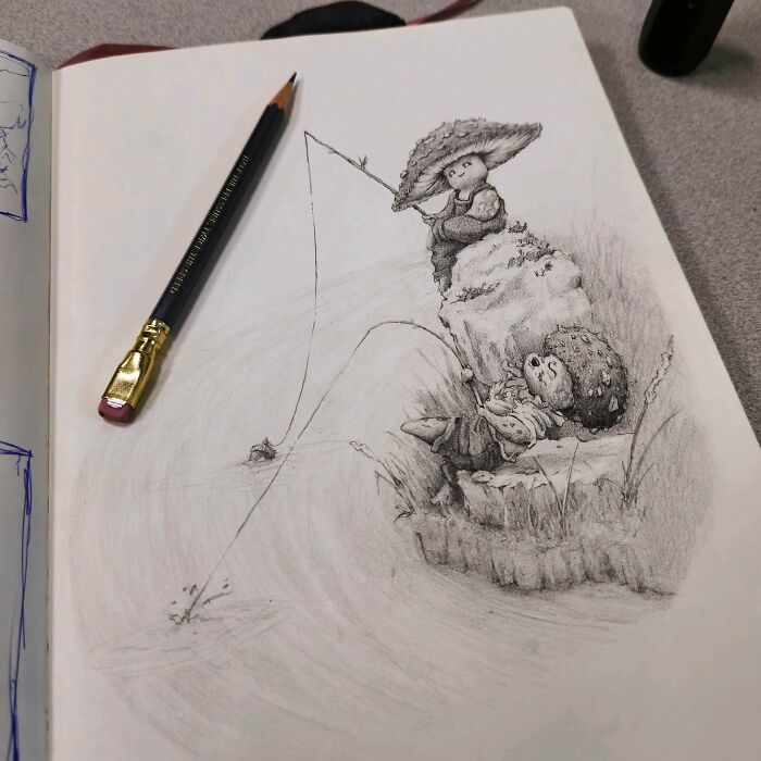 Dibujo a lápiz de dos personajes estilo cottagecore pescando en un entorno natural tranquilo y soñador.