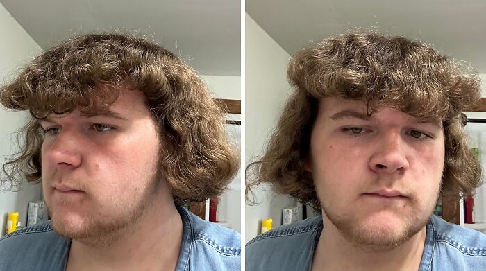 Joven con accidente de cabello trágico y divertido mostrando un corte de pelo desordenado y poco común.