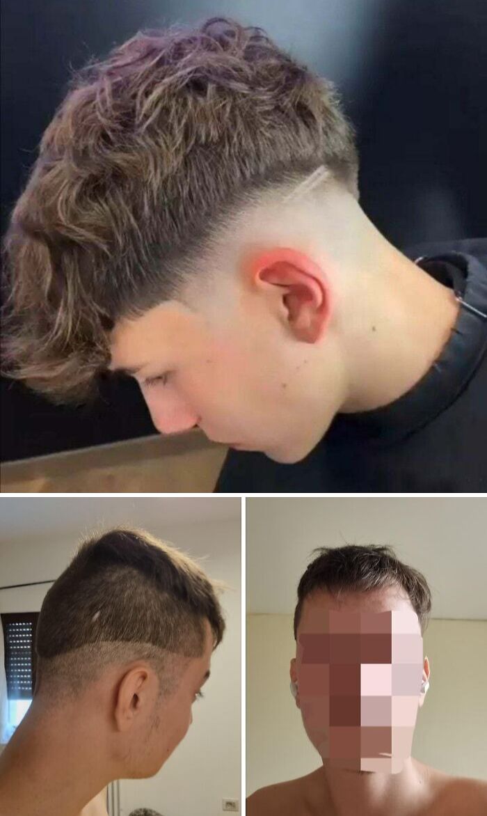 Tres personas con cortes de cabello extraños y fallidos que muestran accidentes capilares hilarantemente trágicos.