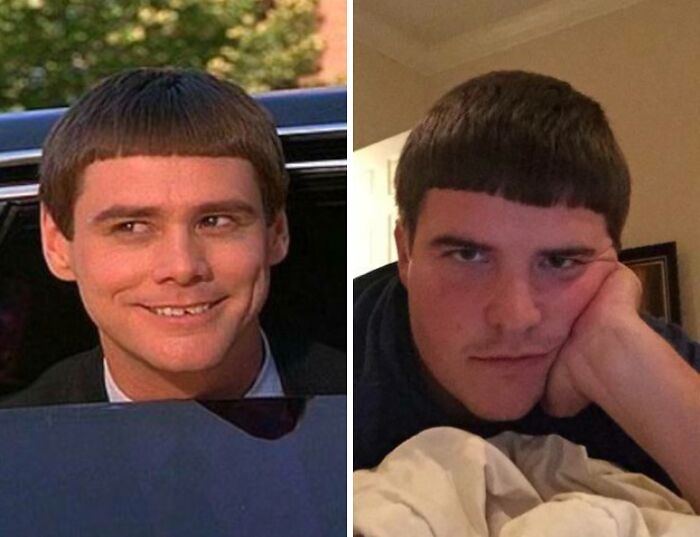 Hombres con cortes de cabello cómicos y trágicos, mostrando accidentes de peinados divertidos y desastrosos.