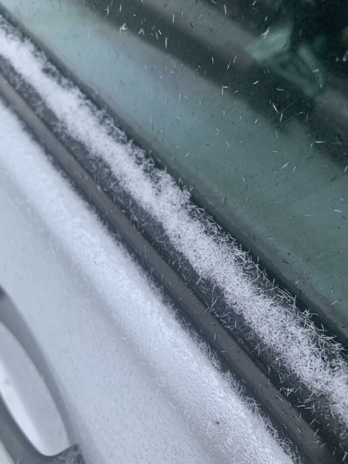 Escarcha en borde de ventana de coche, ejemplo de algo muy random que la gente encontró y fotografió.