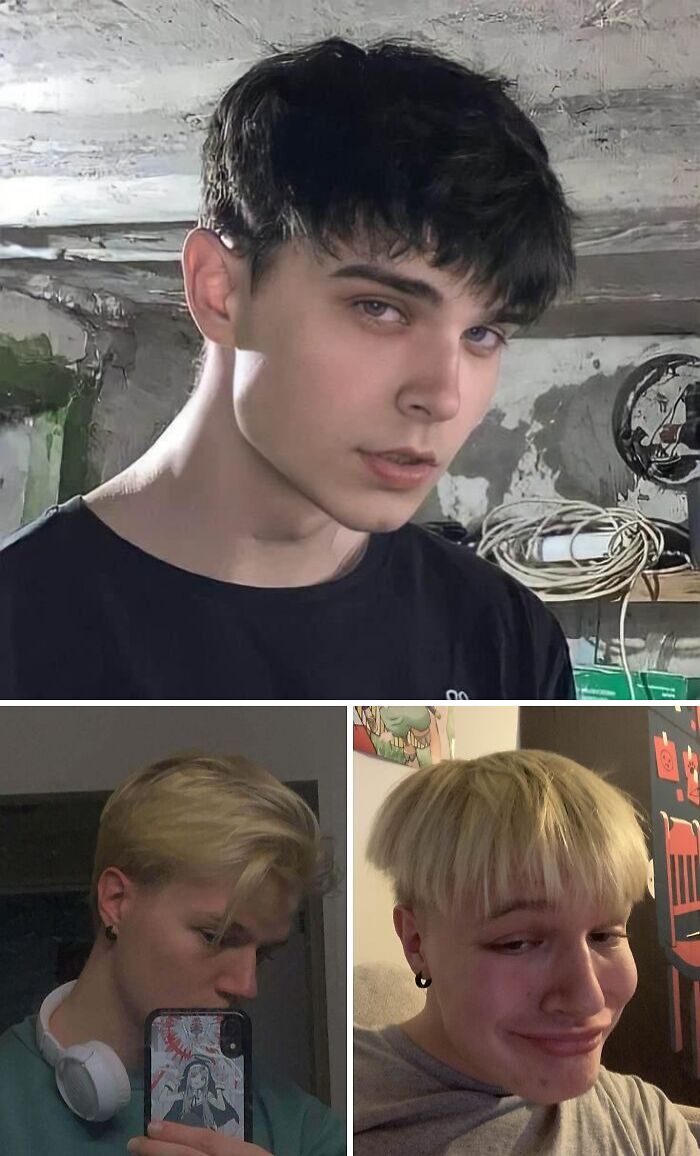 Tres jóvenes con accidentes de cabello hilarantemente trágicos, mostrando cortes y estilos irregulares y poco favorecedores.