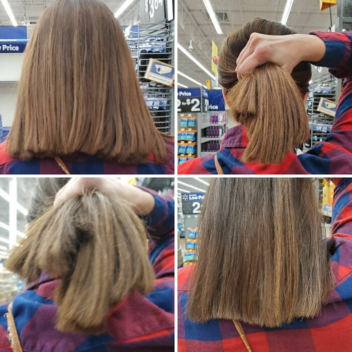 Diferentes ángulos de accidentes trágicos y divertidos de cabello corto y mal cortado en tienda.