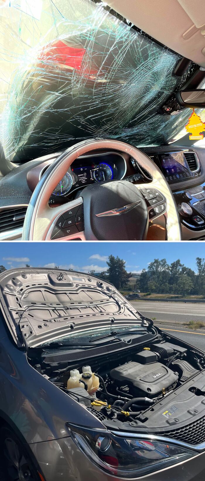 Interior de coche con parabrisas roto y motor abierto, mostrando fotos que recuerdan que siempre puede empeorar.