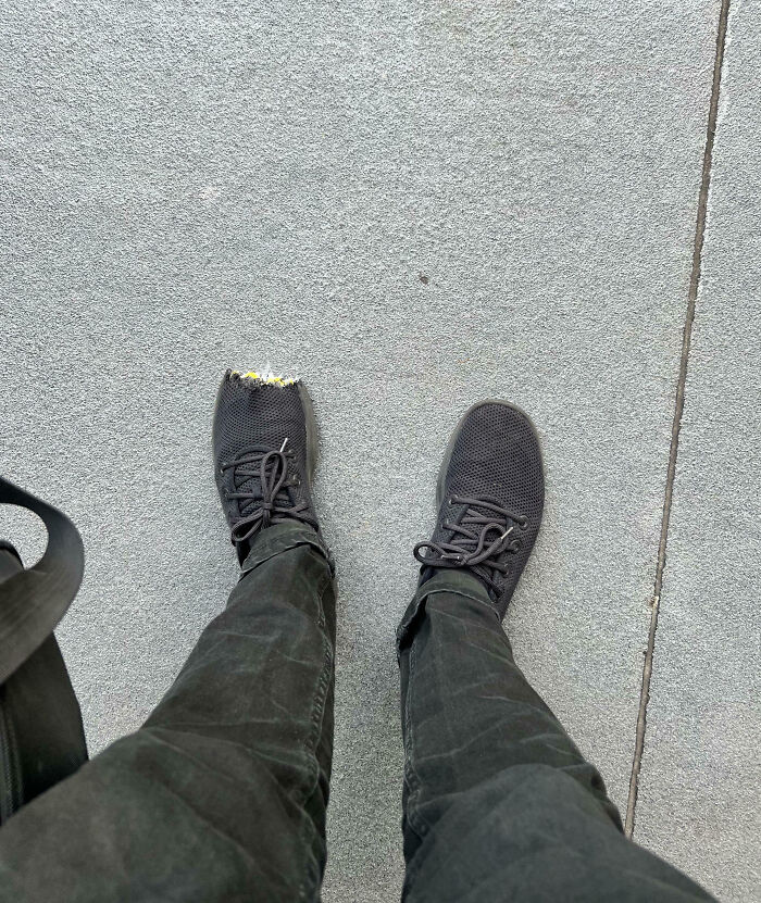 Zapatos rotos con dedo visible en un día horrible, mostrando que siempre puede empeorar según fotos impactantes.