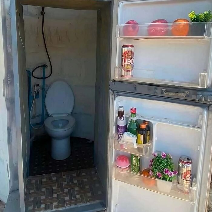 Baño insólito con puerta hecha de refrigerador abierto y objetos dentro, imagen extraña y bizarra para usuarios no sensibles.
