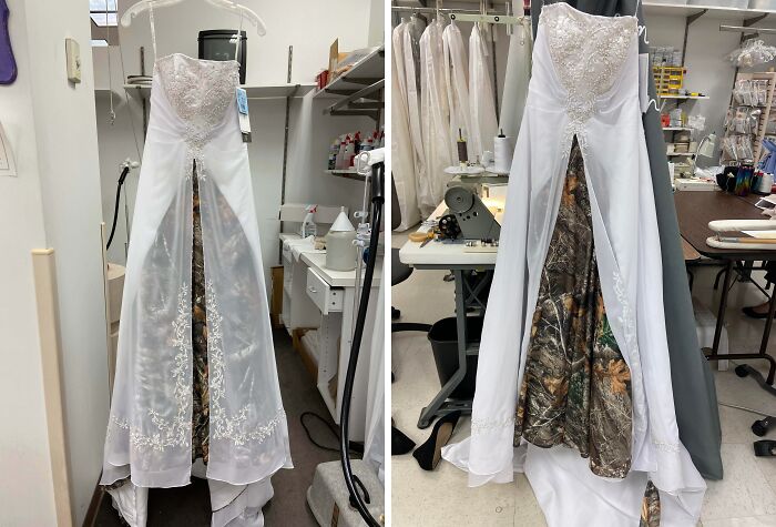 Vestido de novia blanco con diseño camuflado, colgado en taller de costura especializado en vestidos de boda.