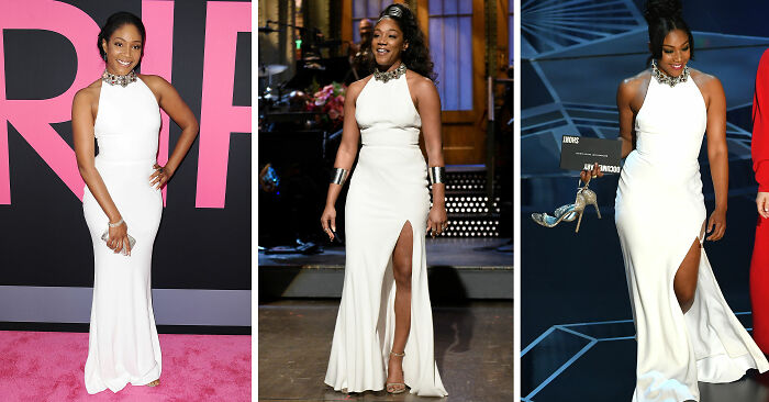 Actriz en vestido blanco largo con abertura, mostrando los costos ocultos y altos de la fama para celebridades.