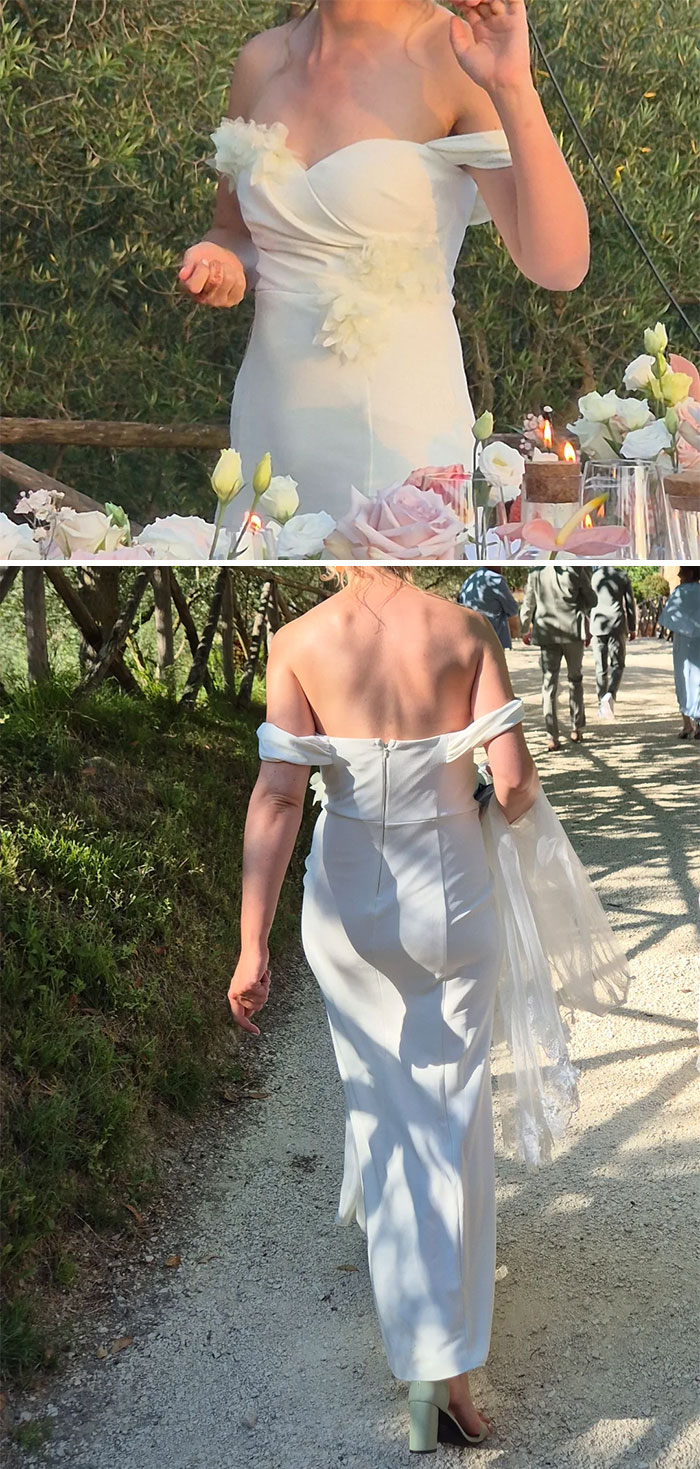 Novia en vestido blanco sencillo y elegante en boda al aire libre, ejemplificando peores casos de vestidos nupciales.