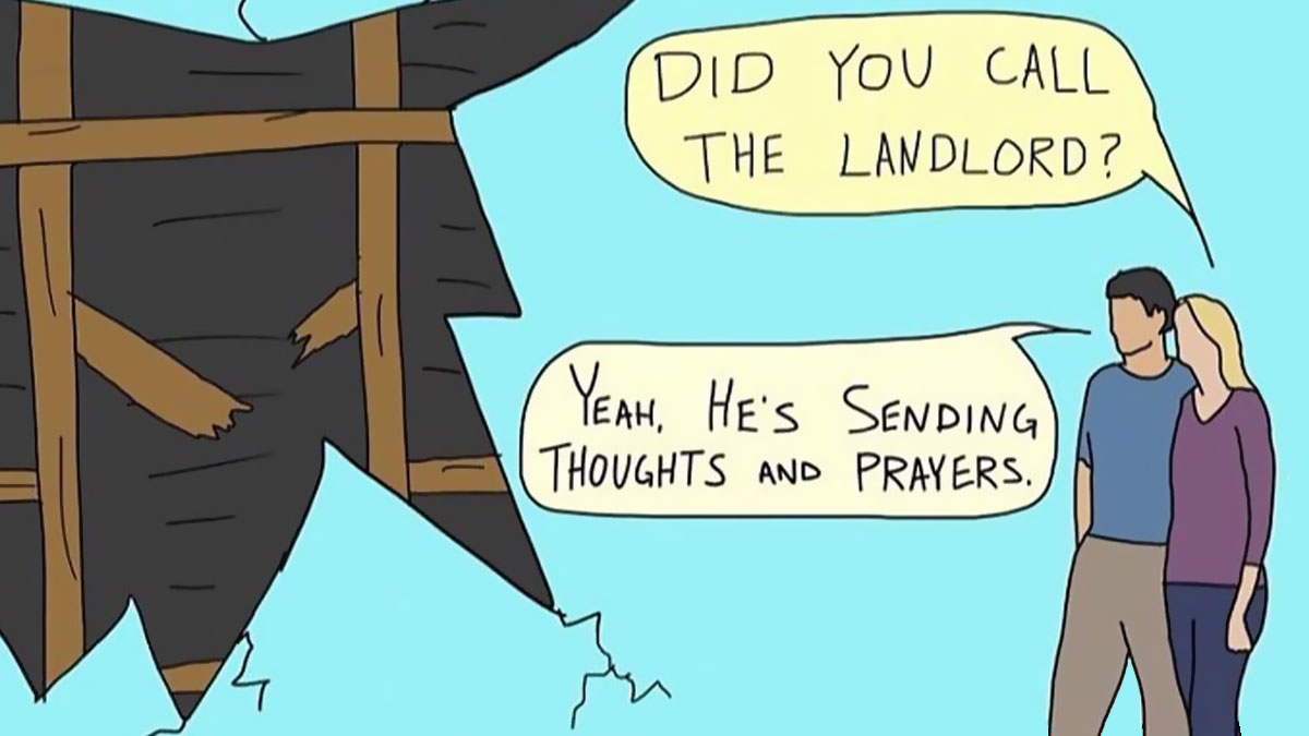 Pareja frente a casa dau00f1ada, cu00f3mic relatable que muestra las pequeu00f1as absurdidades de la vida cotidiana.