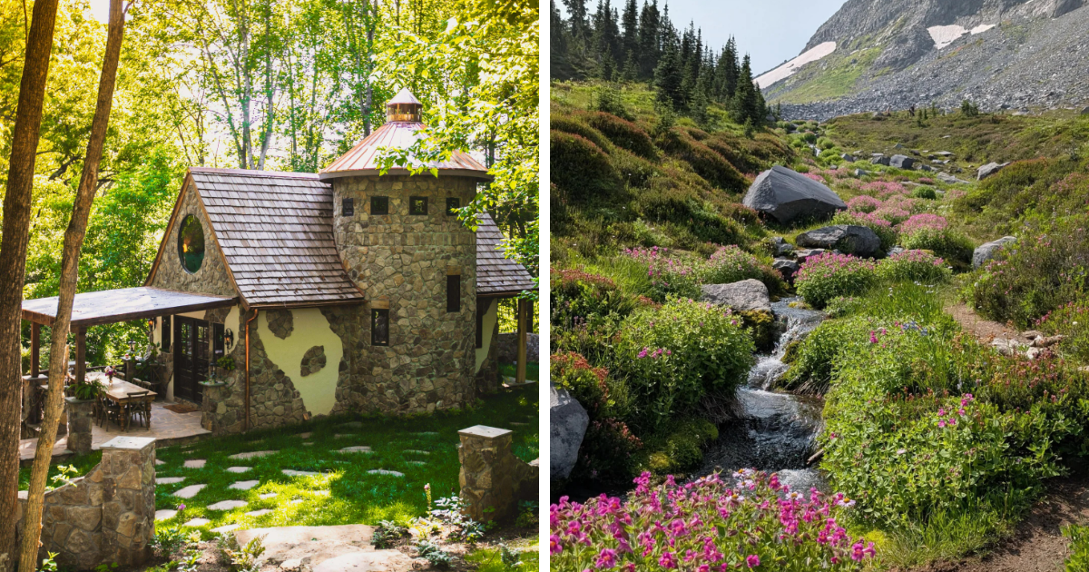 Casa ru00fastica de piedra rodeada de u00e1rboles y paisaje natural con flores y arroyo, representando sueu00f1os cottagecore.