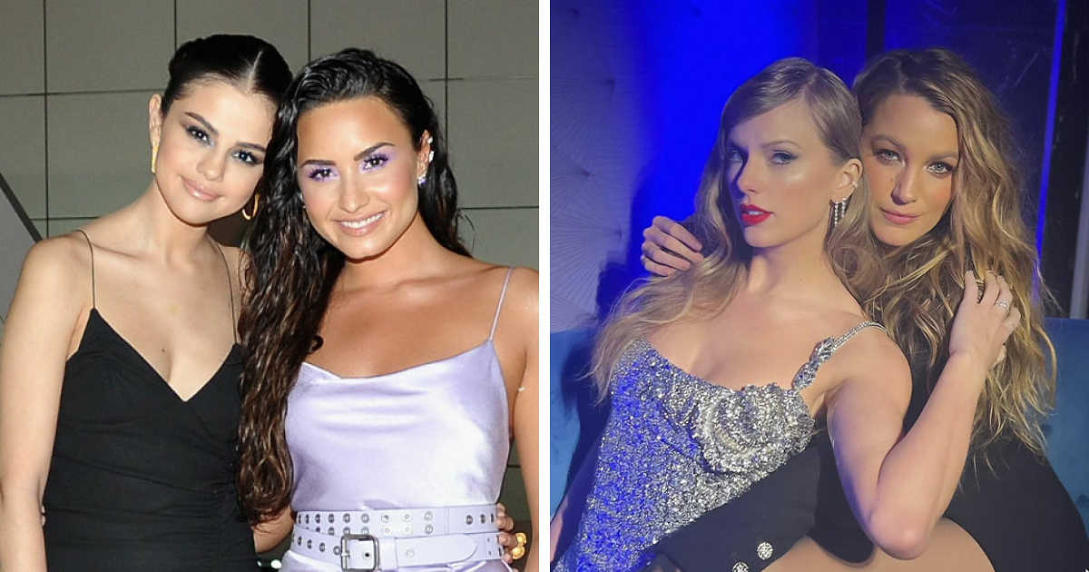 Dos pares de amigas famosas posando juntas, ilustrando rupturas de amistades famosas con drama y tensiu00f3n notoria.