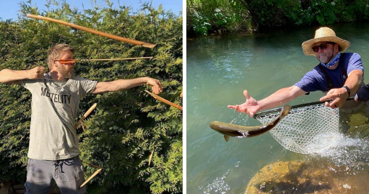 Hombre esquivando lanzas en el aire y pescador a punto de soltar pez, fotos tomadas momentos antes de un desastre.