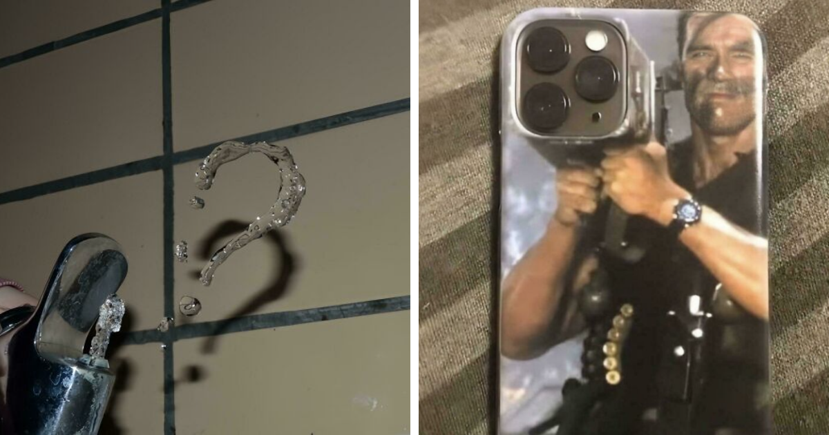 Agua formando signo de interrogaciu00f3n y funda de telu00e9fono con diseu00f1o divertido que combina cu00e1maras con imagen de personaje.