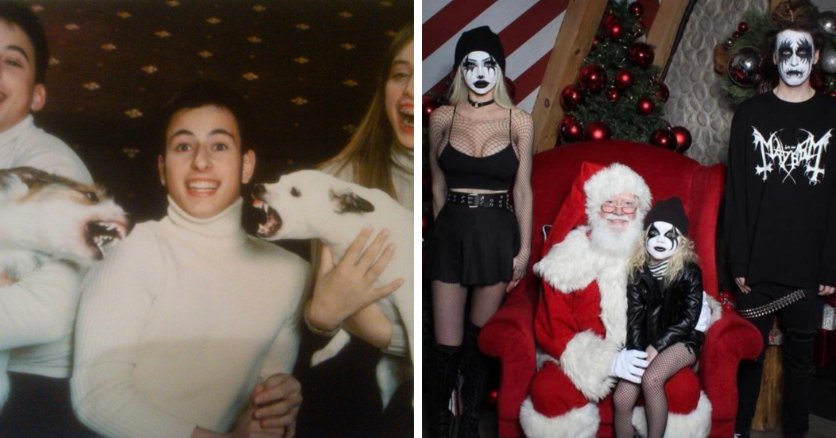 Fotos familiares divertidas y incu00f3modas con expresiones graciosas y disfraces fuera de lo comu00fan en reuniones navideu00f1as.