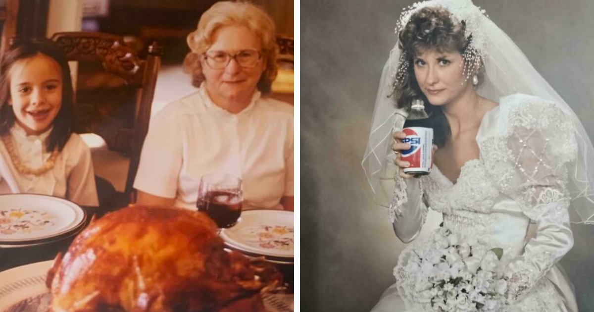 Niu00f1a y mujer mayor en cena familiar y mujer con vestido de novia bebiendo Pepsi, fotos fascinantes mostrando la locura de los au00f1os 80.