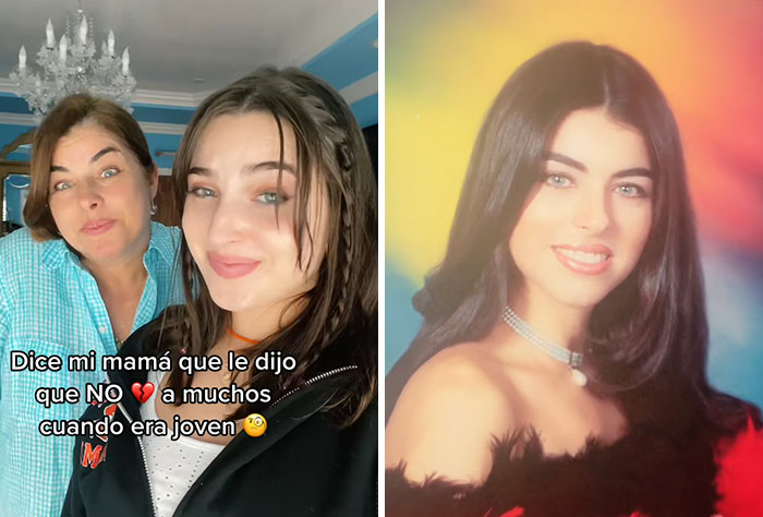 Madre e hija sorprendidas con fotos del pasado joven de la madre impactando a sus hijos con recuerdos.