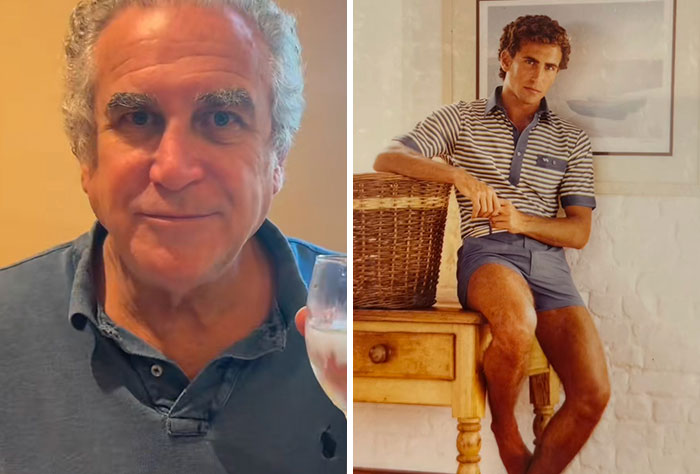 Hombre mayor con copa al lado de foto antigua de su juventud mostrando contrastes sorprendentes entre generaciones.