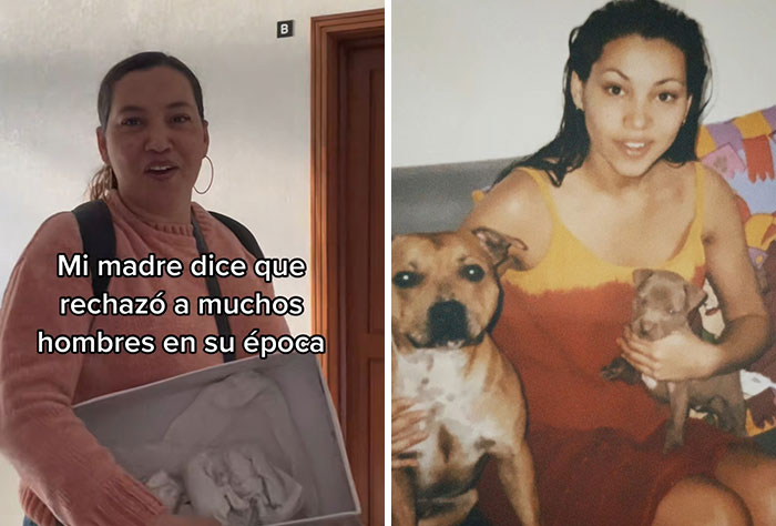 Madre sorprendiendo a su hijo con fotos antiguas de su juventud junto a perros, mostrando momentos familiares especiales.