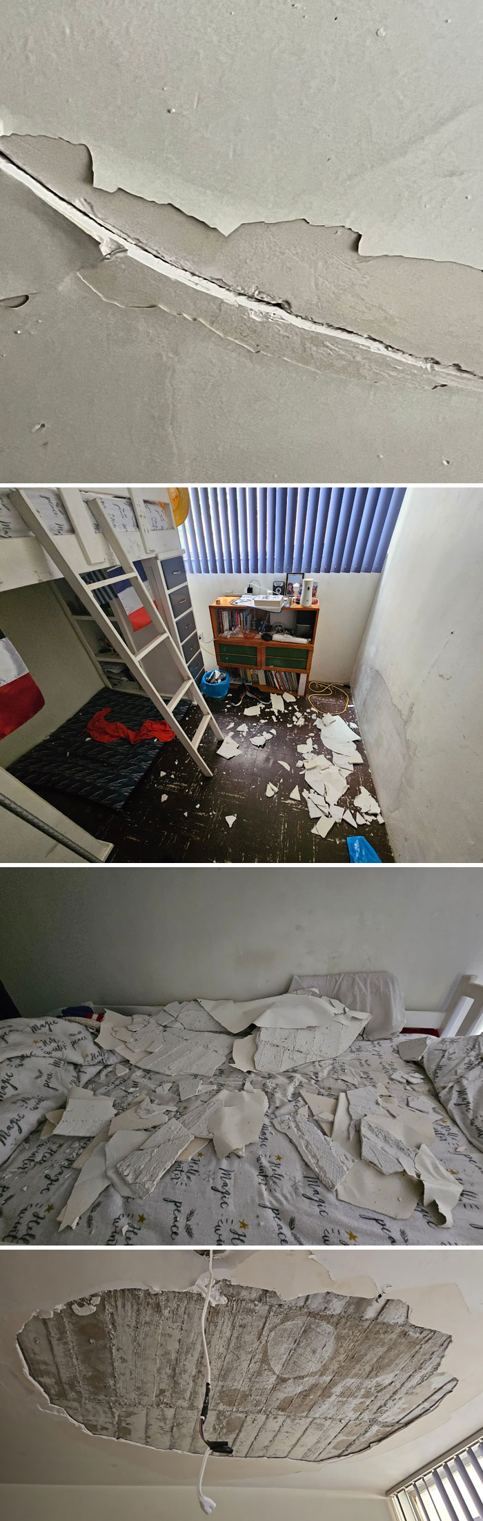 Daños en paredes y techo con pintura y yeso desprendidos, muestra evidencia de personas actuando mal y siendo expuestas justo.