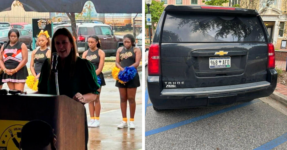 Mujer dando discurso con porristas aburridas y coche mal estacionado en zona de discapacitados intento fallido divertido