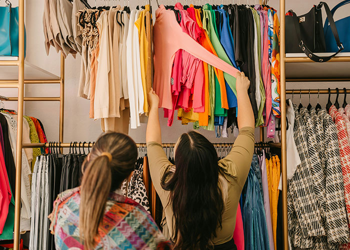 Dos mujeres eligiendo ropa colorida en tienda, representando momentos de karma instantáneo y consecuencias merecidas.