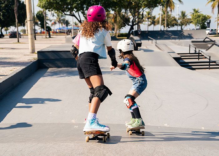 Niñas con casco y protecciones aprendiendo a andar en patineta en parque, momento de karma instantáneo enseñando lección.