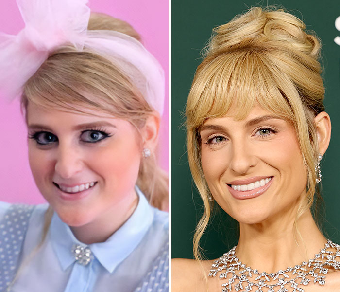 Comparación del antes y después de una transformación impactante de celebridad, mostrando un cambio notable en estilo y apariencia.