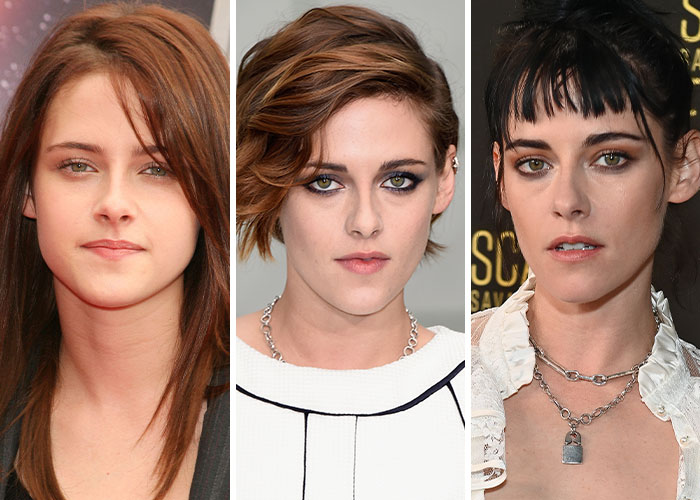 Kristen Stewart en tres fotos comparativas mostrando su evolución de estilo en 2005, 2015 y 2025 estrellas entonces y ahora.