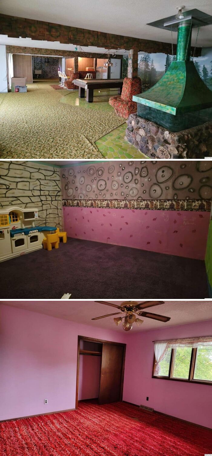 Habitaciones extrañas con decoración y alfombras anticuadas en listados de Zillow que parecen irreales o falsas.