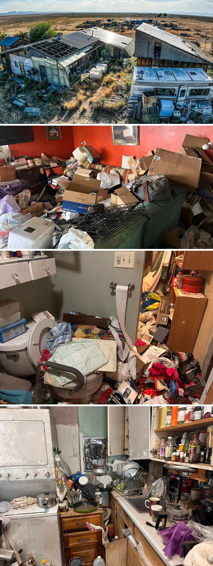 Exterior e interior de viviendas en condiciones pésimas, ejemplos de listados de Zillow que parecen falsos y están muy descuidados.