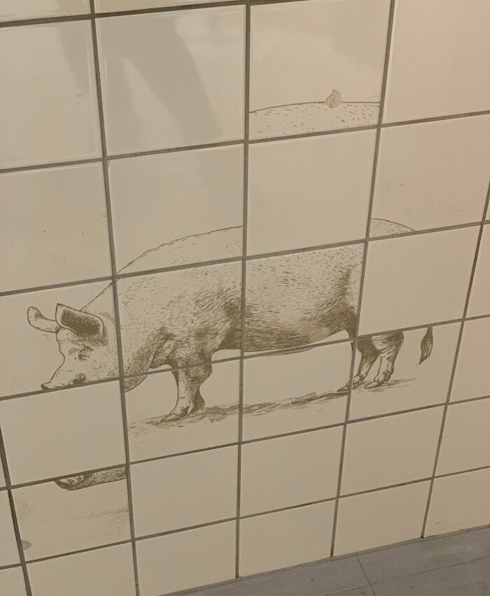 Dibujo de cerdo sobre azulejos mal alineados, un divertido fail que siguió instrucciones demasiado literalmente.
