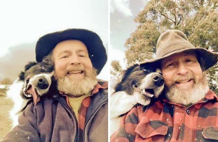 Hombre con barba tomando selfies divertidas con su perro, mostrando momentos tiernos y espontáneos de animales.