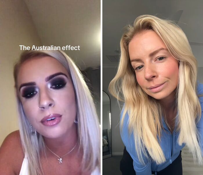 Mujer mostrando fotos del antes y después del efecto australiano tras mudarse a Australia con cambios visibles en su apariencia.